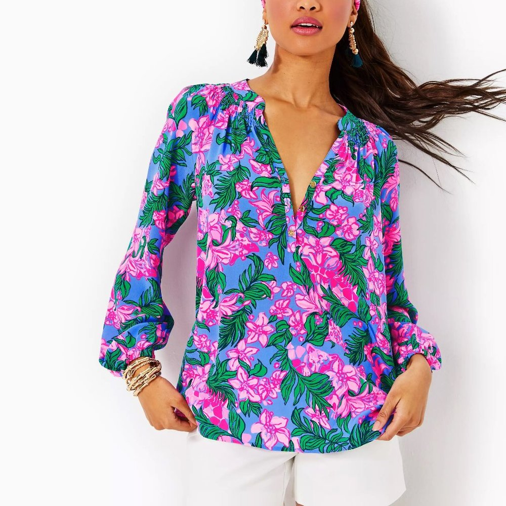 Lilly Pulitzer Elsa Silk Top, Cerise Pink Safari Sunset, Size L - Picture 4 of 8